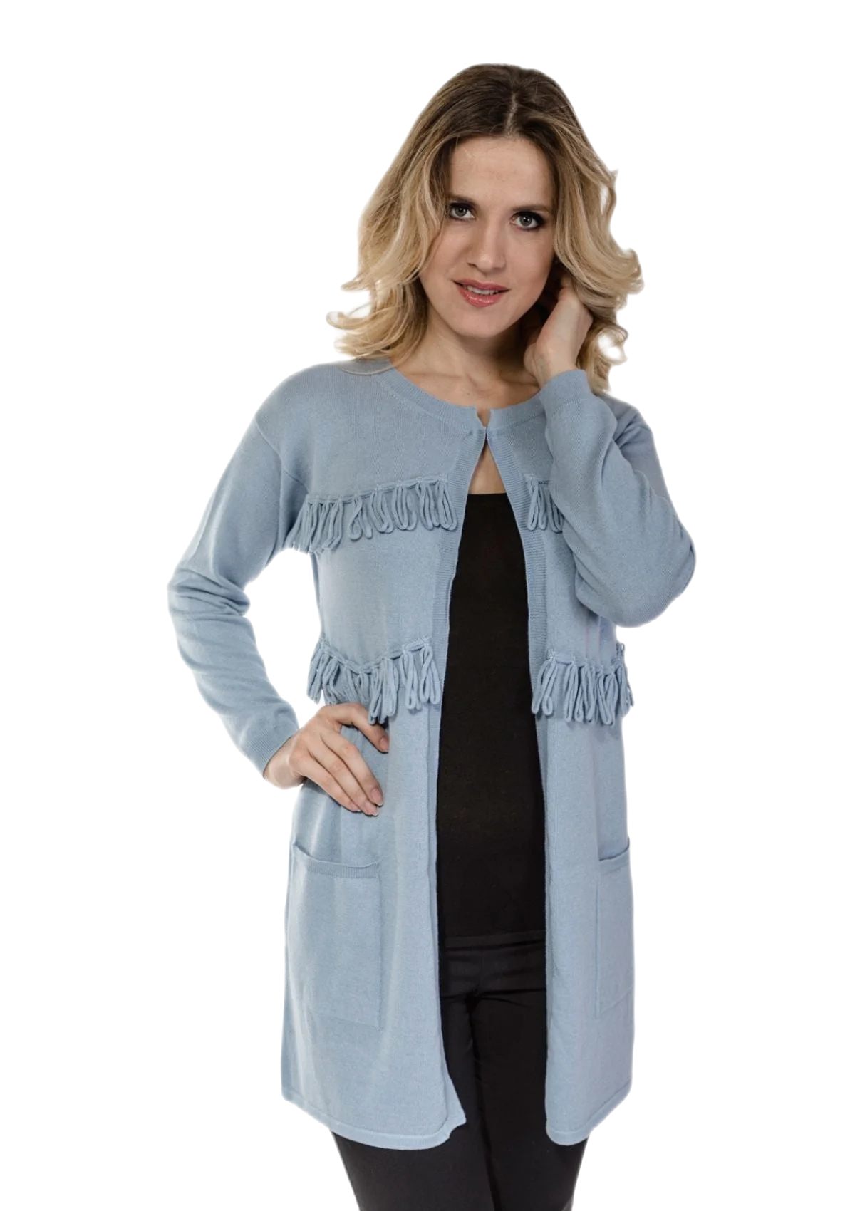 marie claire front cardigan donna lungo cashmere e cotone azzurro