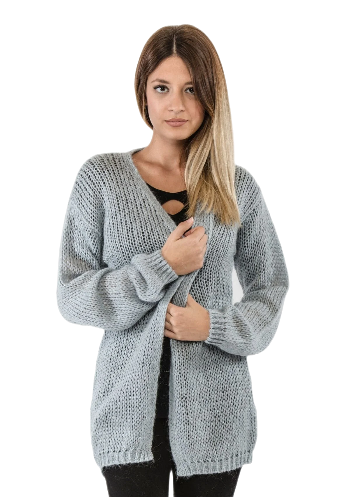 cardigan donna lungo in mohair azzurro